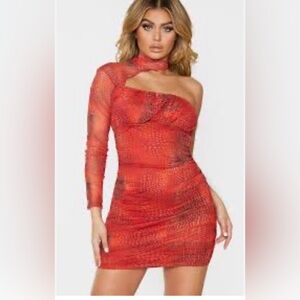 Red mesh high neck one shoulder bodycon dress